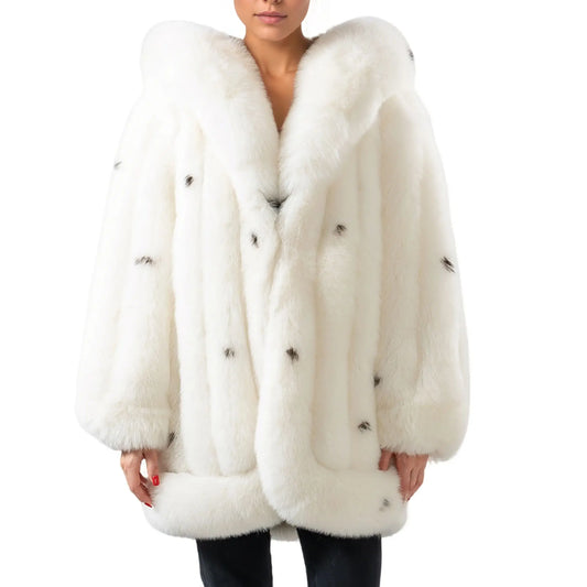 Veste d’hiver pour femme en fausse fourrure, blanche à motifs, à capuche
