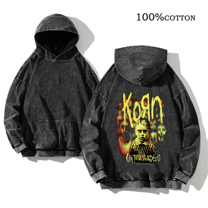 Unisex Kapuzenpullover Grau mit Band-Print & Kängurutasche