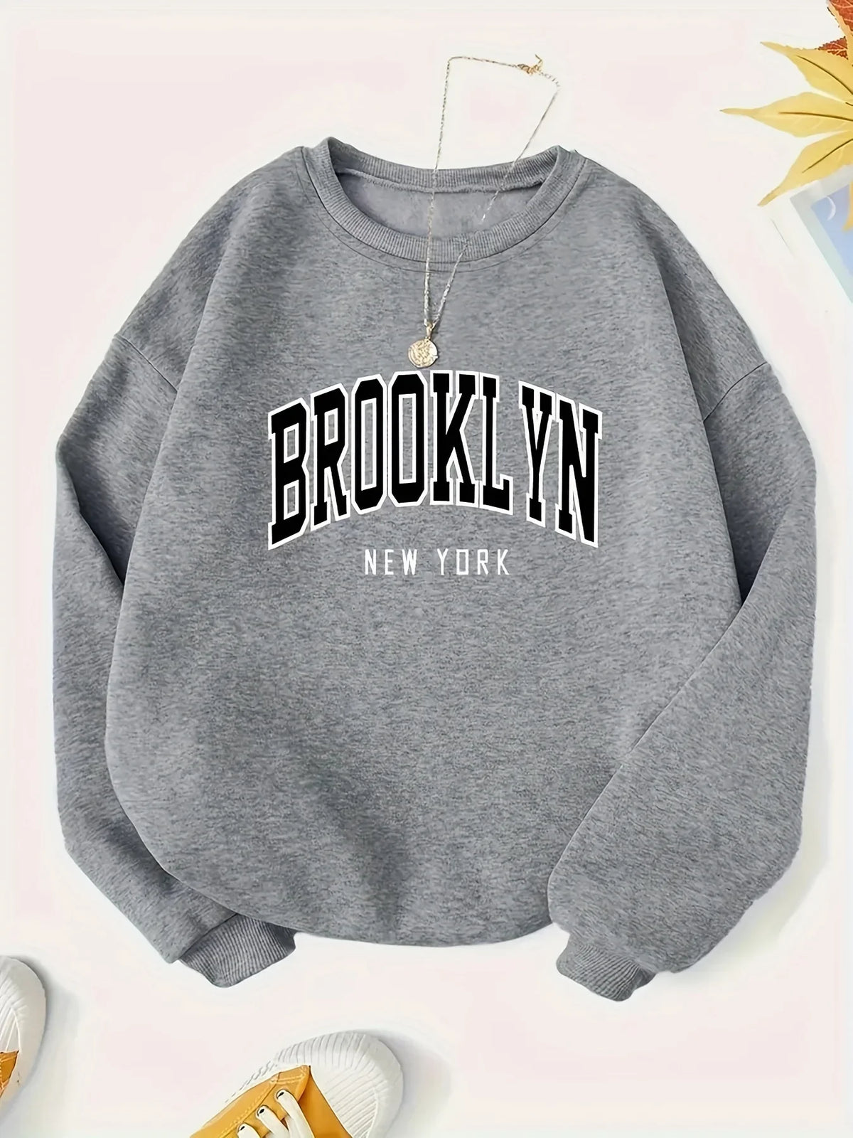 Unisex Sweatshirt Brooklyn New York Print Rundhals Langarm Grau Schwarz
