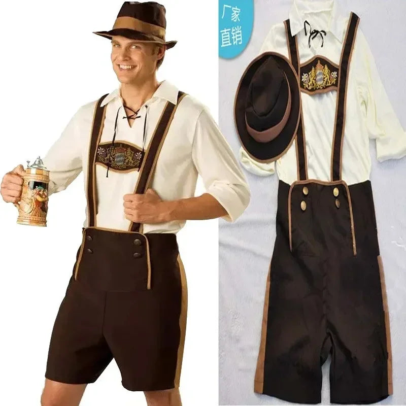 Completo tradizionale da uomo per Oktoberfest beige e marrone con bretelle e cappello