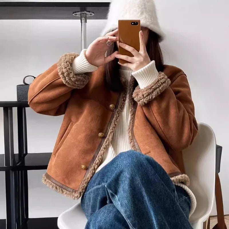 Veste d'hiver vintage décontractée pour femme avec doublure en teddy – Style décontracté pour le quotidien et l'extérieur