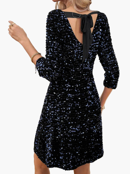 Abito Donna con Paillettes, Scollo sulla Schiena e Dettaglio Fiocco – Vestito da Festa Elegante