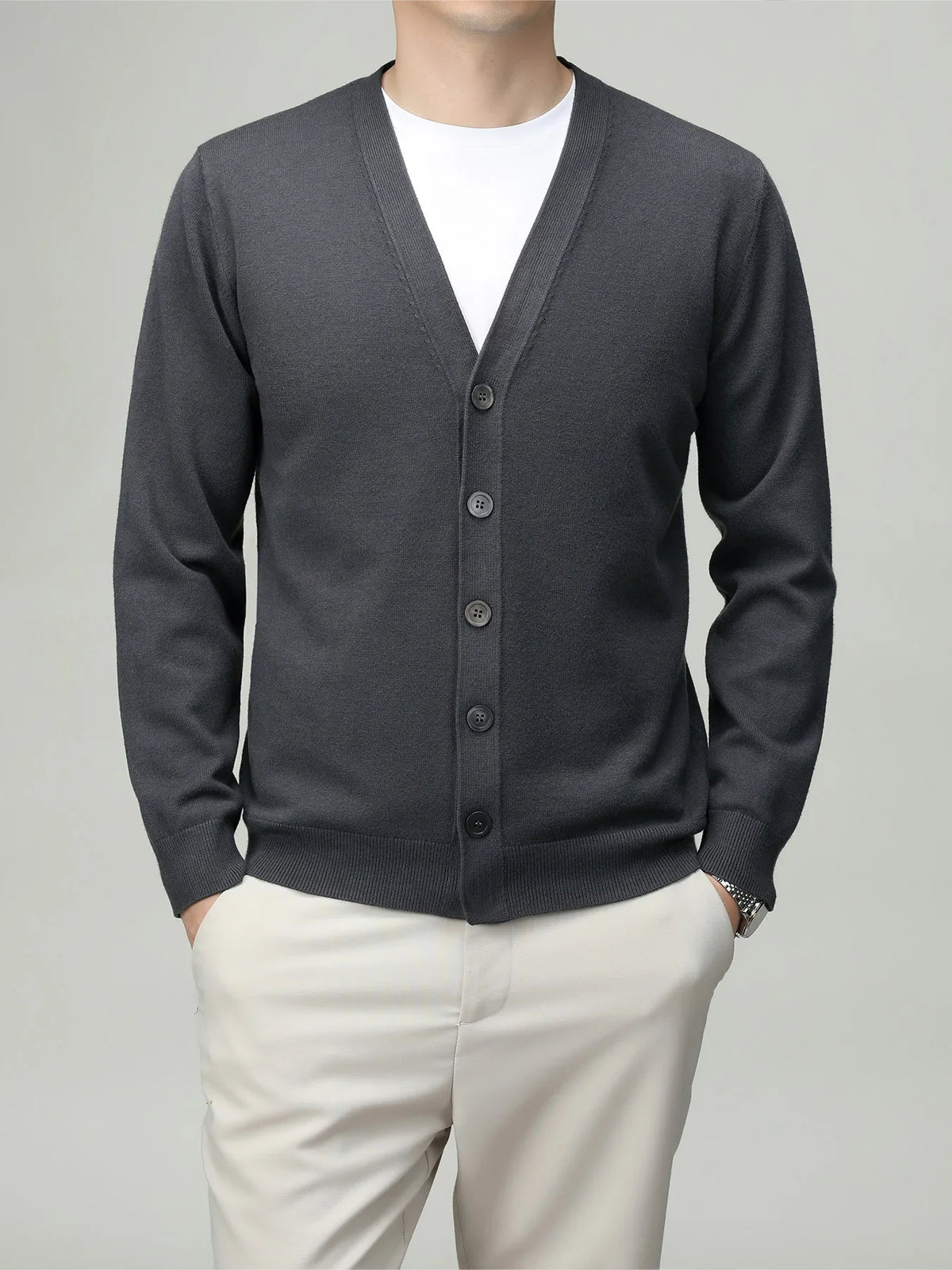 Herren Strickjacke V-Ausschnitt Knopfleiste Cardigan Langarm Rippbündchen