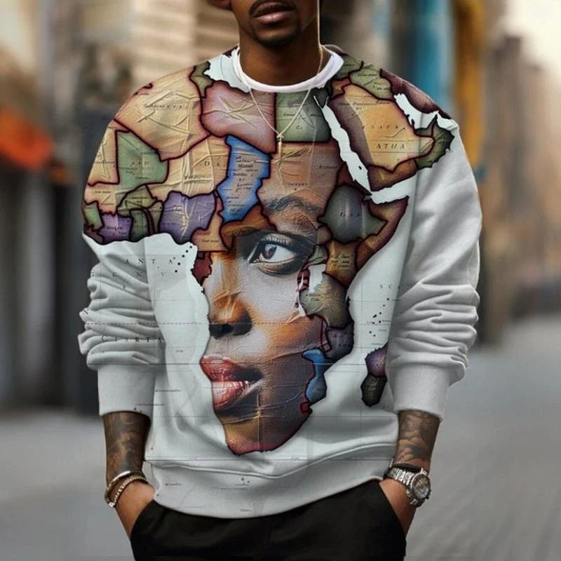 Unisex Sweatshirt mit Afrikakarten- und Augen-Print, Rundhals, Langarm