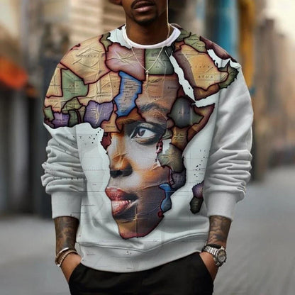Unisex Sweatshirt mit Afrikakarten- und Augen-Print, Rundhals, Langarm