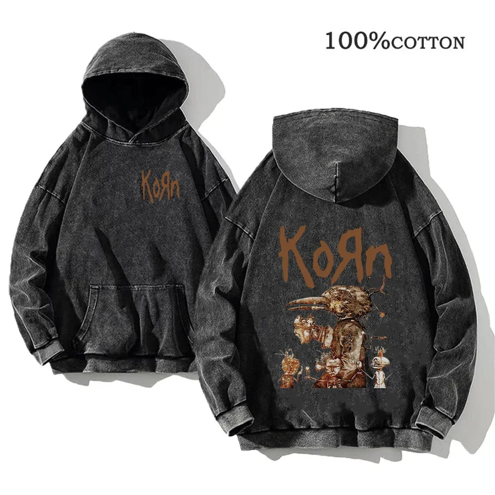 Unisex Kapuzenpullover Grau mit Band-Print & Kängurutasche