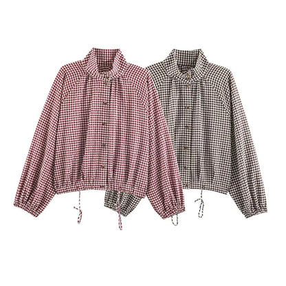 Damesblouse met ruitpatroon, hoge kraag en veterdetails – lange mouwen