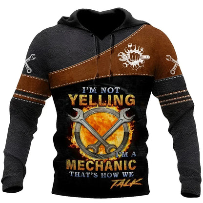 Herren Kapuzenpullover Mechanic Maschinenmotiv Hoodie Schwarz Grau