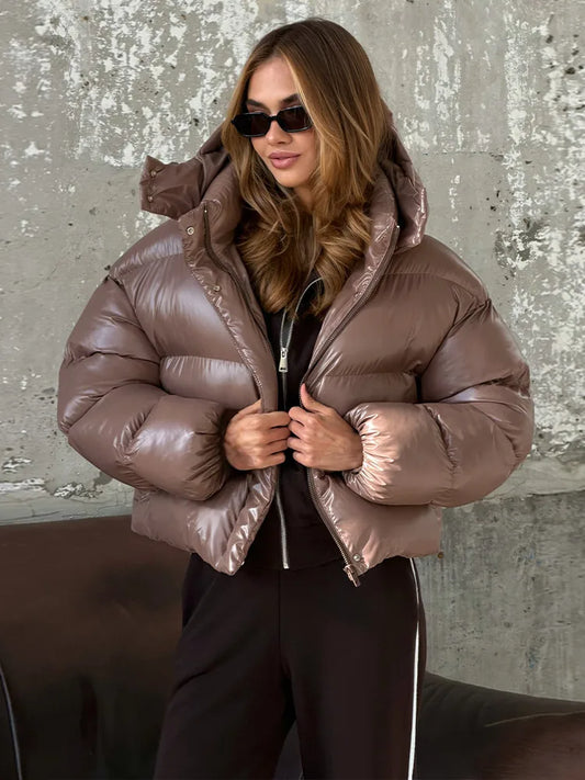 Damen Steppjacke Glänzend Kurzer Schnitt mit Kapuze