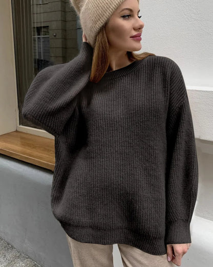 Damen Oversize Strickpullover Rundhals Rippstrick