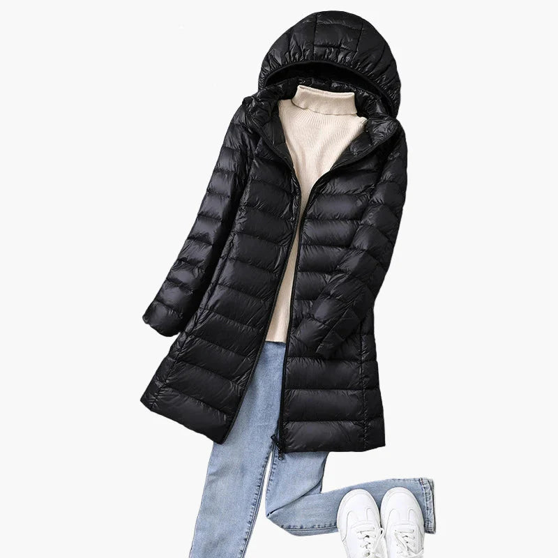 Dames winter gewatteerde mantel met capuchon – Stijlvolle lange outdoor puffer voor dagelijks en vrijetijd
