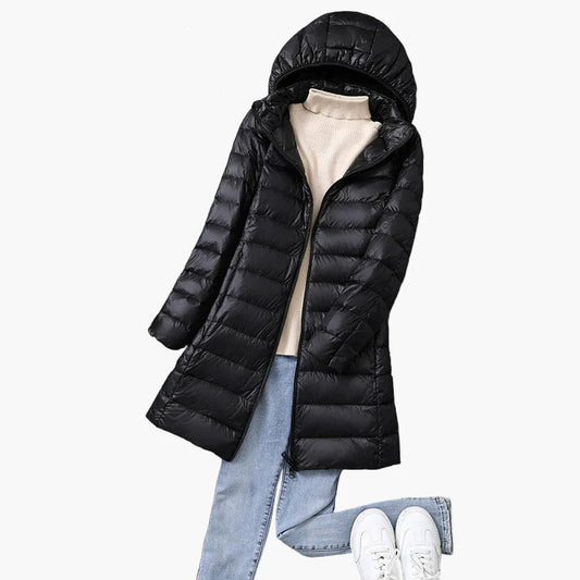 Dam vinter quiltad kappa med huva – Stilfull lång outdoor-puffer för vardag och fritid