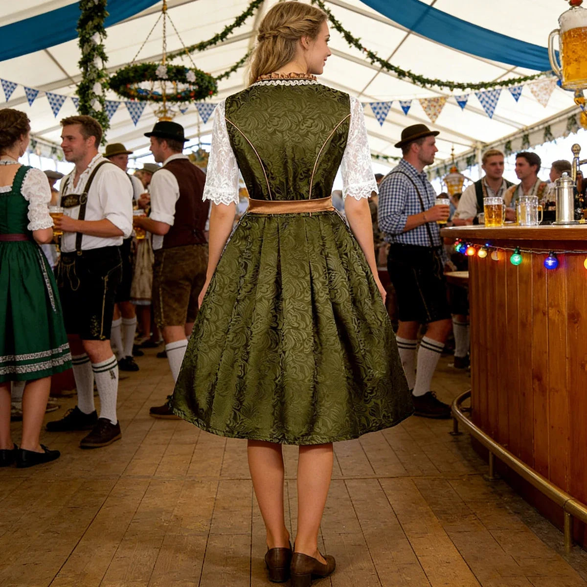 Damesdirndl met kant en schort in groen-goud