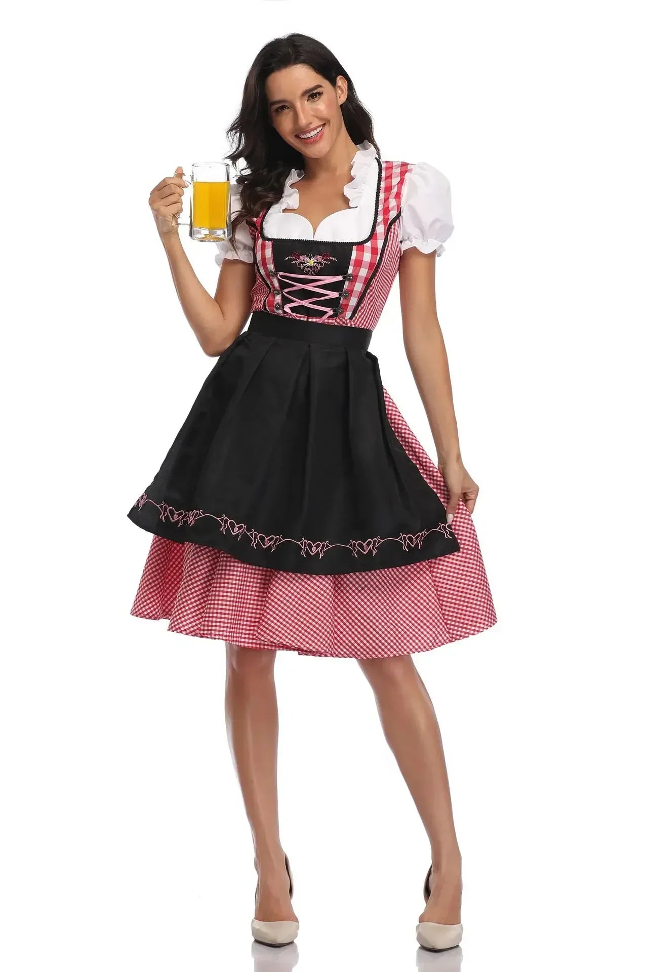 Damen Dirndl Trachtenkleid mit Schürze und Bluse Kariert Spitzenverzierung