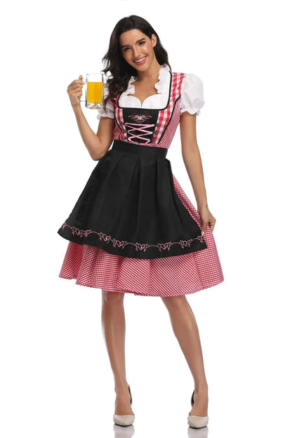 Damen Dirndl Trachtenkleid mit Schürze und Bluse Kariert Spitzenverzierung