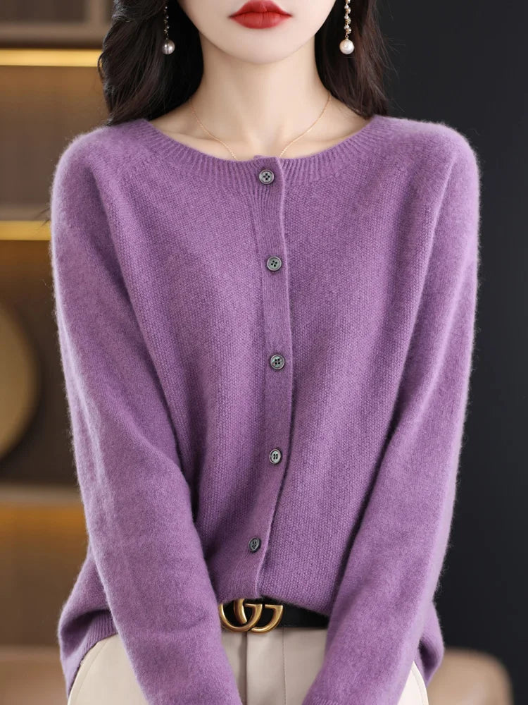 Damen Strickjacke mit Rundhalsausschnitt, Knopfleiste und langen Ärmeln, meliert grau