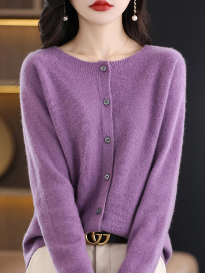 Damen Strickjacke mit Rundhalsausschnitt, Knopfleiste und langen Ärmeln, meliert grau