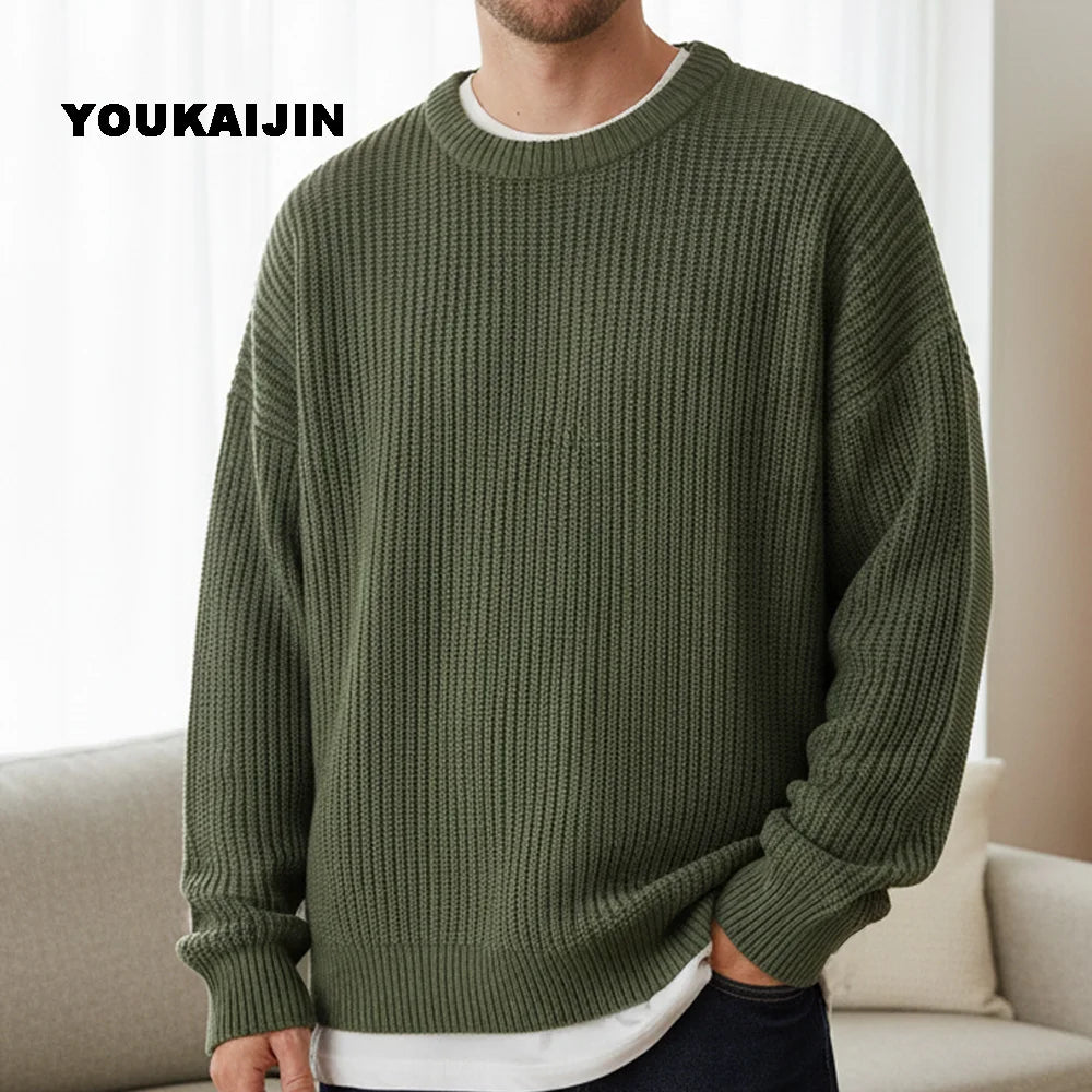 Pullover da uomo in maglia, girocollo, maglia grossa, tinta unita