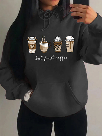 Damen Hoodie mit Kaffeebecher-Print "but first coffee" und Kängurutasche