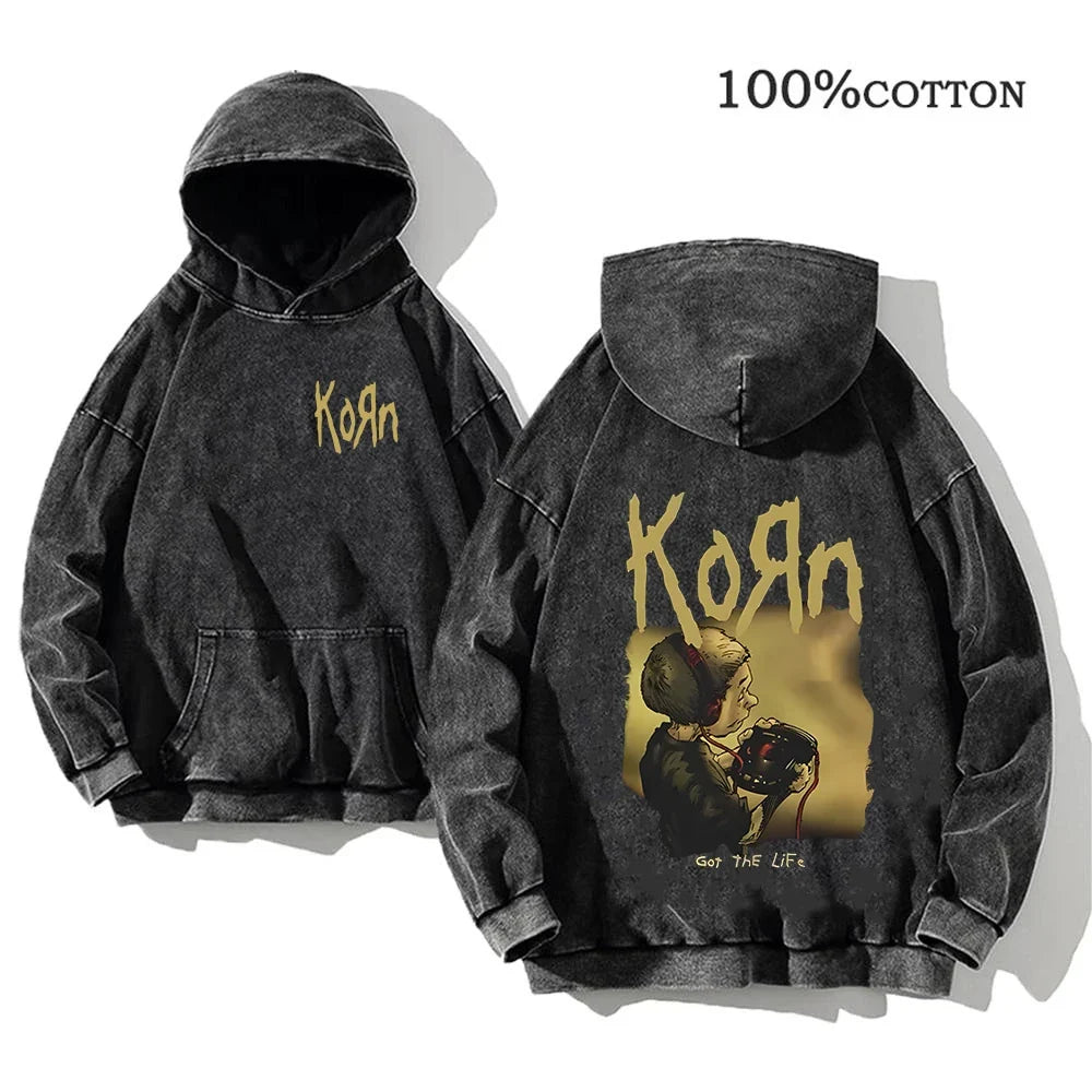 Unisex Kapuzenpullover Grau mit Band-Print & Kängurutasche