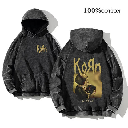 Unisex Kapuzenpullover Grau mit Band-Print & Kängurutasche
