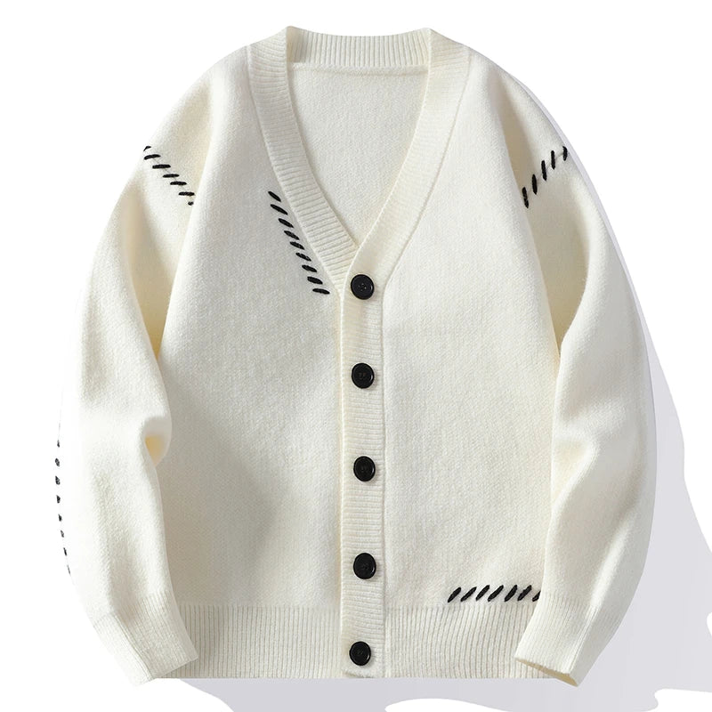 Unisex-strikcardigan med V-hals, knaplukning og dekorativt broderi