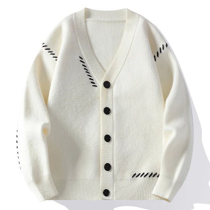 Unisex-strikcardigan med V-hals, knaplukning og dekorativt broderi