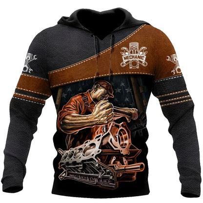 Herren Kapuzenpullover Mechanic Maschinenmotiv Hoodie Schwarz Grau