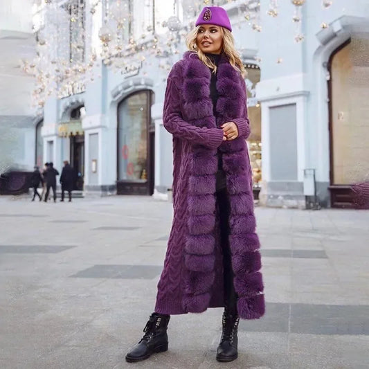 Long manteau en maille pour femme, motif torsadé, bordure en fausse fourrure, violet