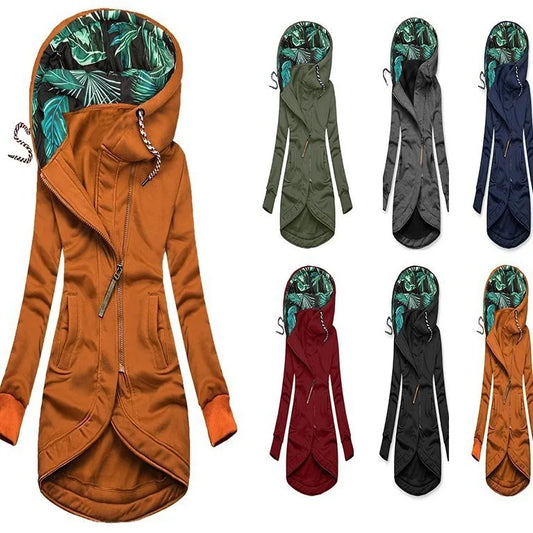 Långärmad hoodiejacka för damer med diagonal dragkedja och mönstrad huva