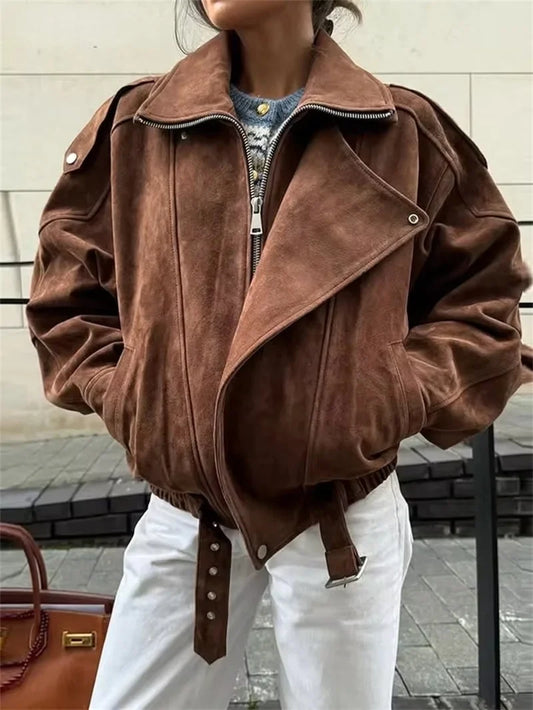 Damen Bikerjacke aus Velourslederimitat mit Reißverschluss Braun