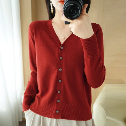 Damen Strickjacke V-Ausschnitt Knopfleiste Langarm Cardigan
