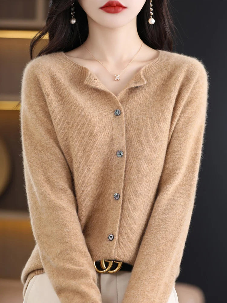 Damen Strickjacke mit Rundhalsausschnitt, Knopfleiste und langen Ärmeln, meliert grau