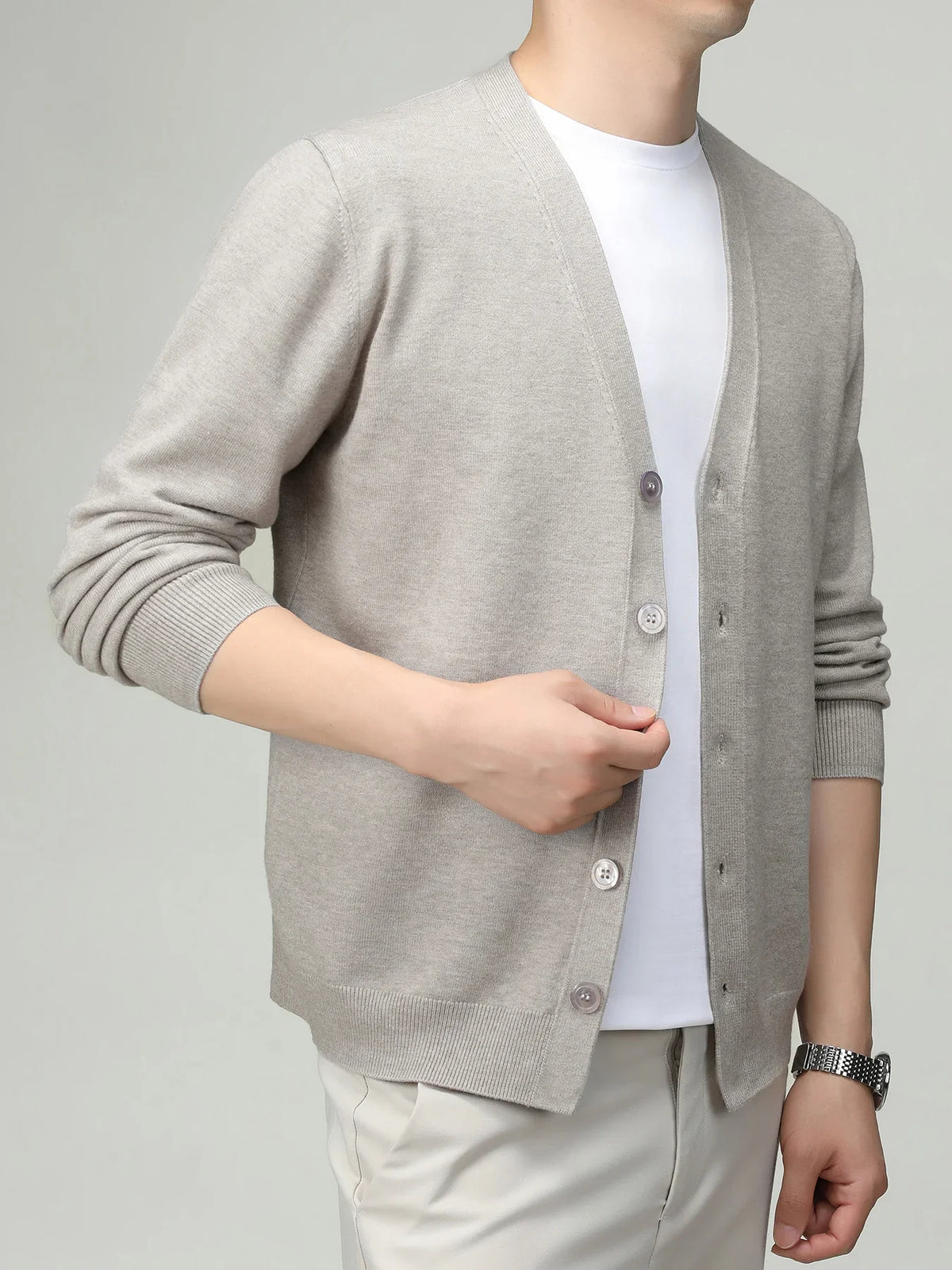 Herren Strickjacke V-Ausschnitt Knopfleiste Cardigan Langarm Rippbündchen