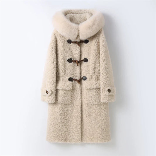 Damen Dufflecoat Creme mit Kapuze und Fellkragen, Teddy-Stoff Optik, Knebelverschlüsse