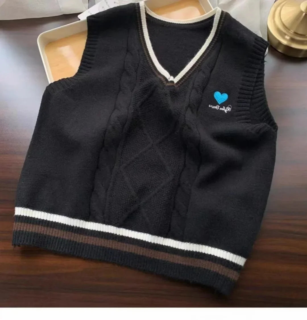 Strickpullunder Damen V-Ausschnitt Zopfmuster College-Stil