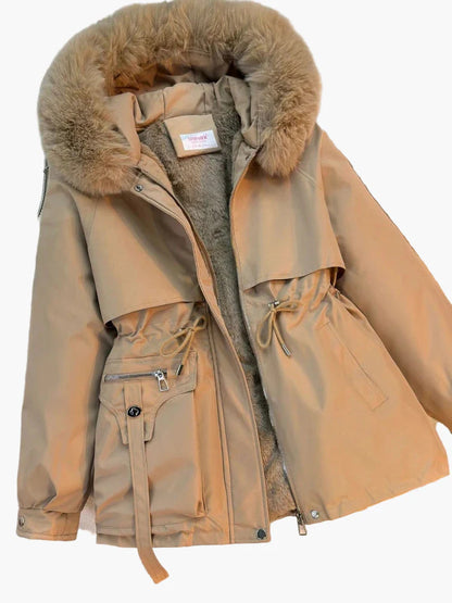 Giacca invernale da donna con cappuccio e collo in ecopelliccia – Parka alla moda per tutti i giorni e attività all'aperto