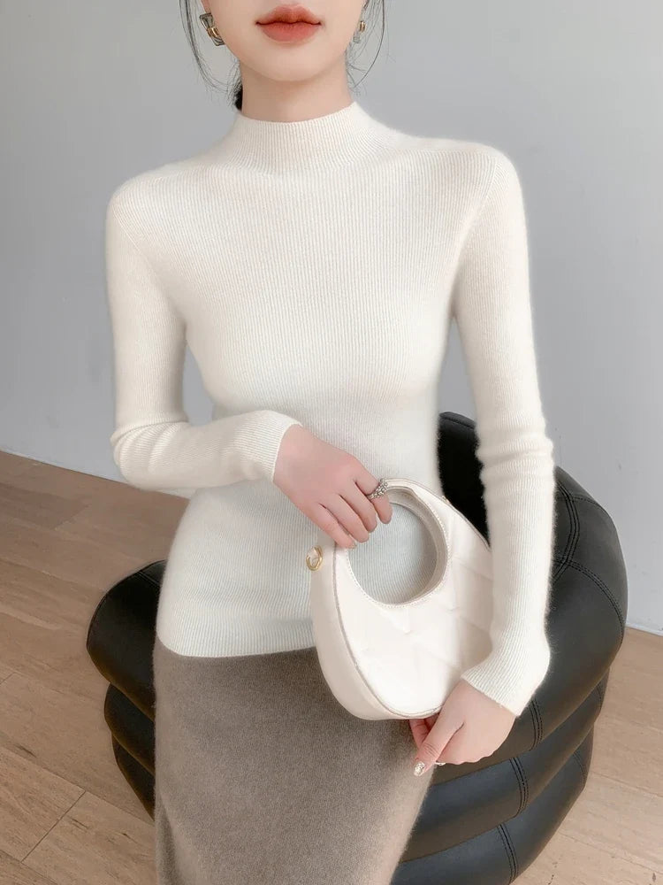 Damen Gerippter Stehkragen Pullover Langarm Weich