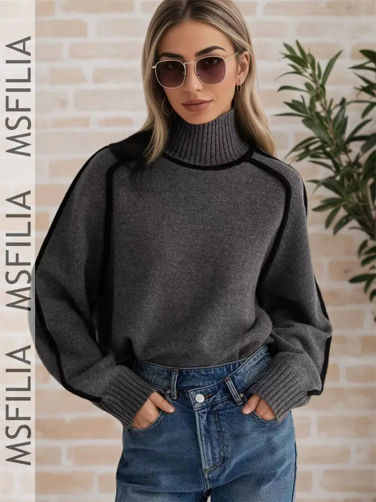 Damen Rollkragenpullover Strickpullover mit Kontraststreifen Langarm