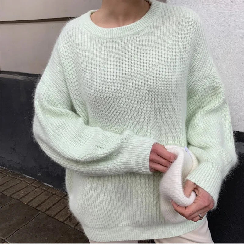 Damen Oversize Strickpullover Rundhals Rippstrick