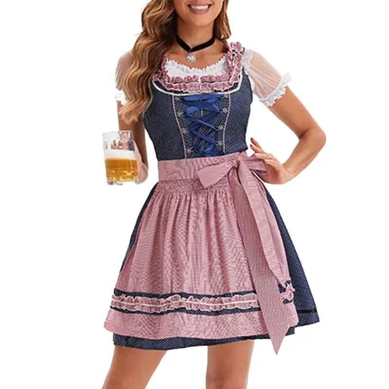 39BB ølkostyme, dirndl, kjole, bluse, forkle, tysk bayersk Oktoberfest-kostymesett