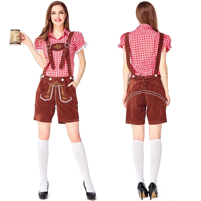 Costume da donna in stile dirndl con camicetta a quadri e pantaloncini con bretelle, vari colori