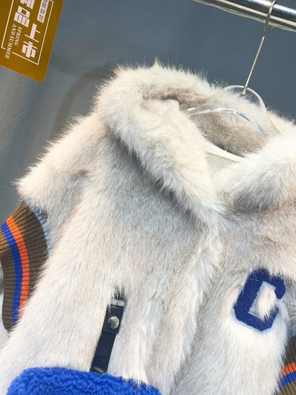 Unisex-vinterjakke med hætte, beige plys i teddystil med blå detaljer