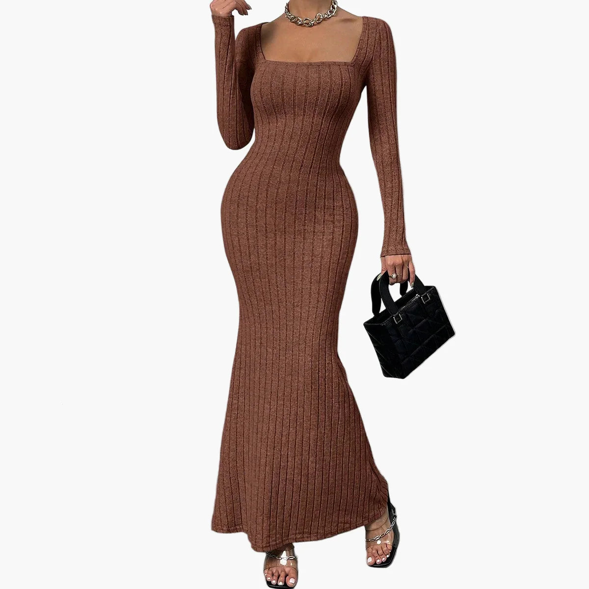 Damen Strick Maxikleid mit langen Ärmeln und eckigem Ausschnitt – Elegantes Freizeitkleid für Herbst und Winter