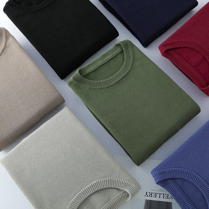 Pullover da uomo con scollo rotondo, in maglia, tinta unita, a maniche lunghe
