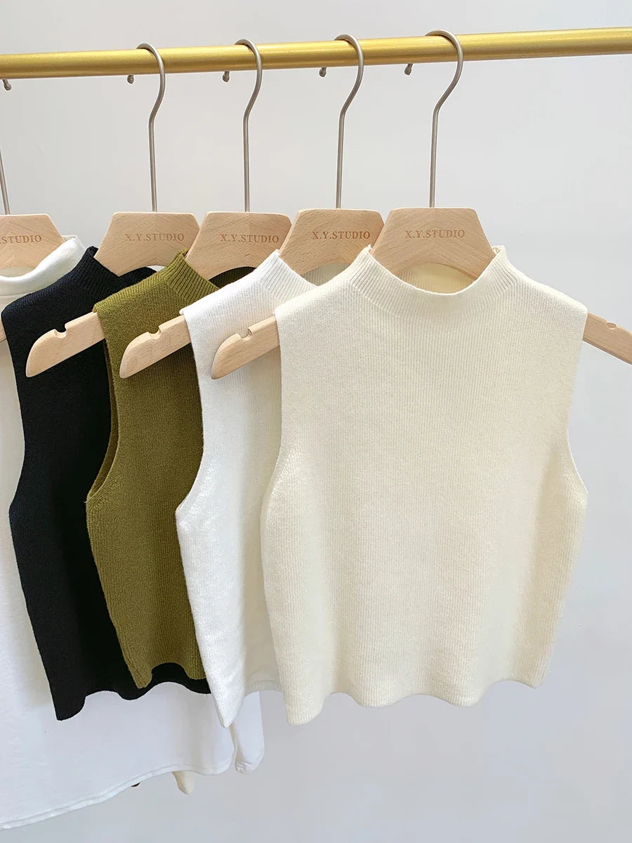 Ärmelloses Stricktop Damen Stehkragen Rippstrick Tanktop