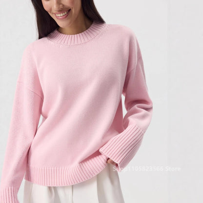 Damen Strickpullover Rundhalsausschnitt Oversize Langarm