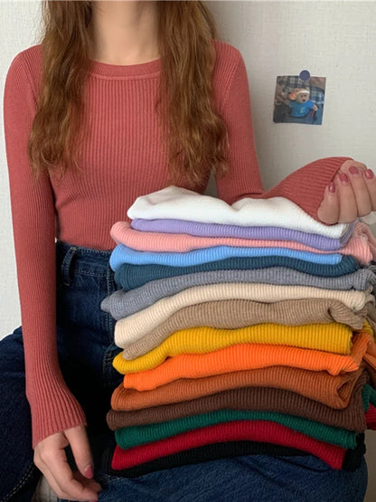 Pullover a maniche lunghe da donna, a coste, girocollo, top in vari colori