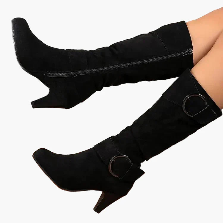 Damen Stiefeletten mit Absatz und Schnalle – Modische hohe Stiefel für Alltag und Büro