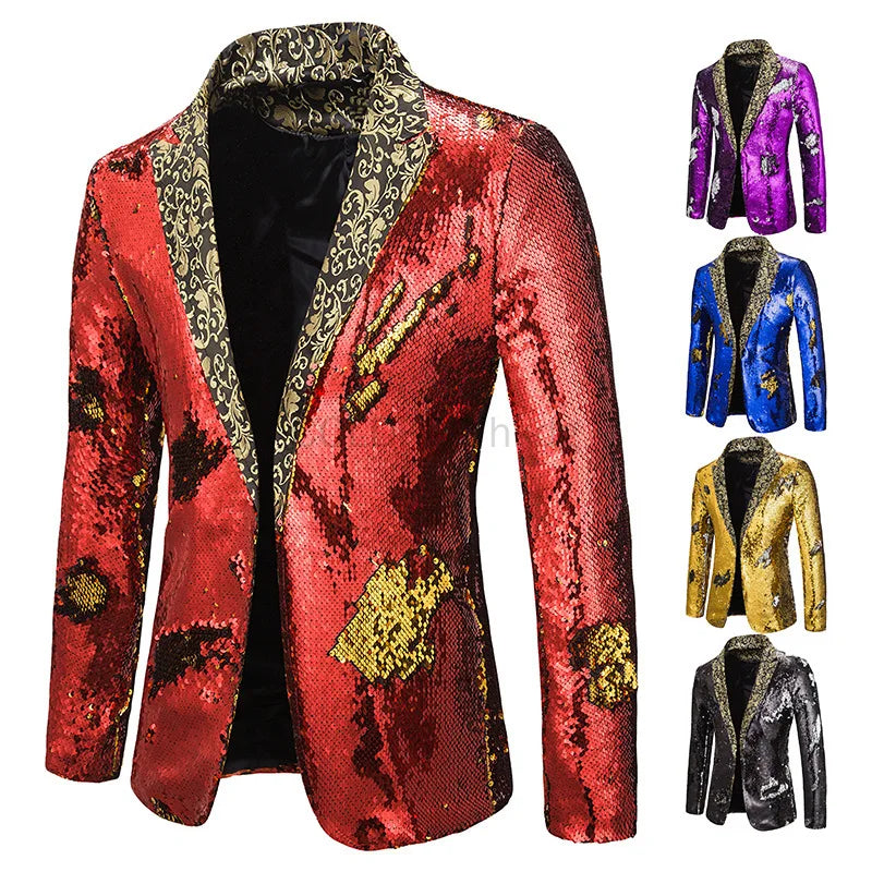 Heren Pailletten Blazer voor Podium en Party – Glinsterende Showjas in Extravagant Ontwerp